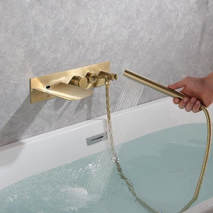 Waterfall Wall-Mount Tub Filler Faucet, Brass Bathtub Faucet with Handheld Shower, Brushed Gold / Matte Black