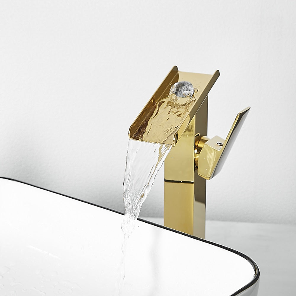 Brushed Gold Waterfall Bathroom Sink Faucet, Modern Single-Hole Single-Handle Faucet