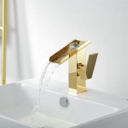 Brushed Gold Waterfall Bathroom Sink Faucet, Modern Single-Hole Single-Handle Faucet
