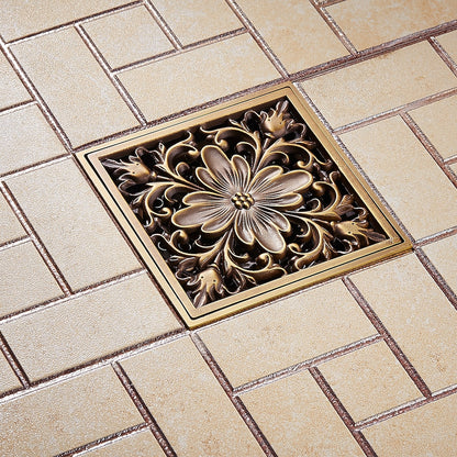 Traditional Antique Brass Square Shower Floor Drain, Removable Floral Cover Floor Drain
