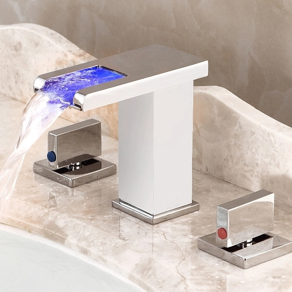 LED Waterfall Chrome Bathroom Faucet, Widespread Dual-Handle Brass Faucet