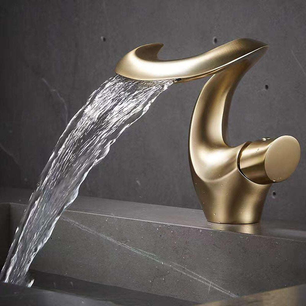 Waterfall Single-Hole Bathroom Faucet, Single-Handle Brass Deck Mount Faucet, Brushed Gold / Chrome / Matte Black / Matte White