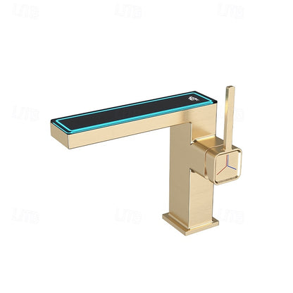 LED Temperature Display Waterfall Bathroom Faucet, Single-Hole Single-Handle Brass Faucet, Silver / Gold / Gray / White / Black / Multi