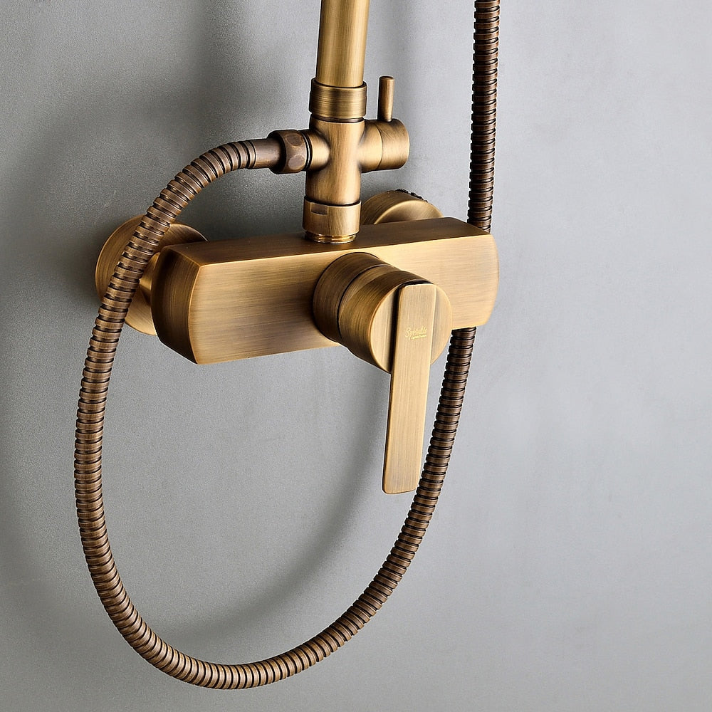 Traditional Antique Brass Wall-Mount Shower System, Single-Handle Exposed Pipe Faucet with 8-Inch Rainfall Shower Head, Handheld Sprayer