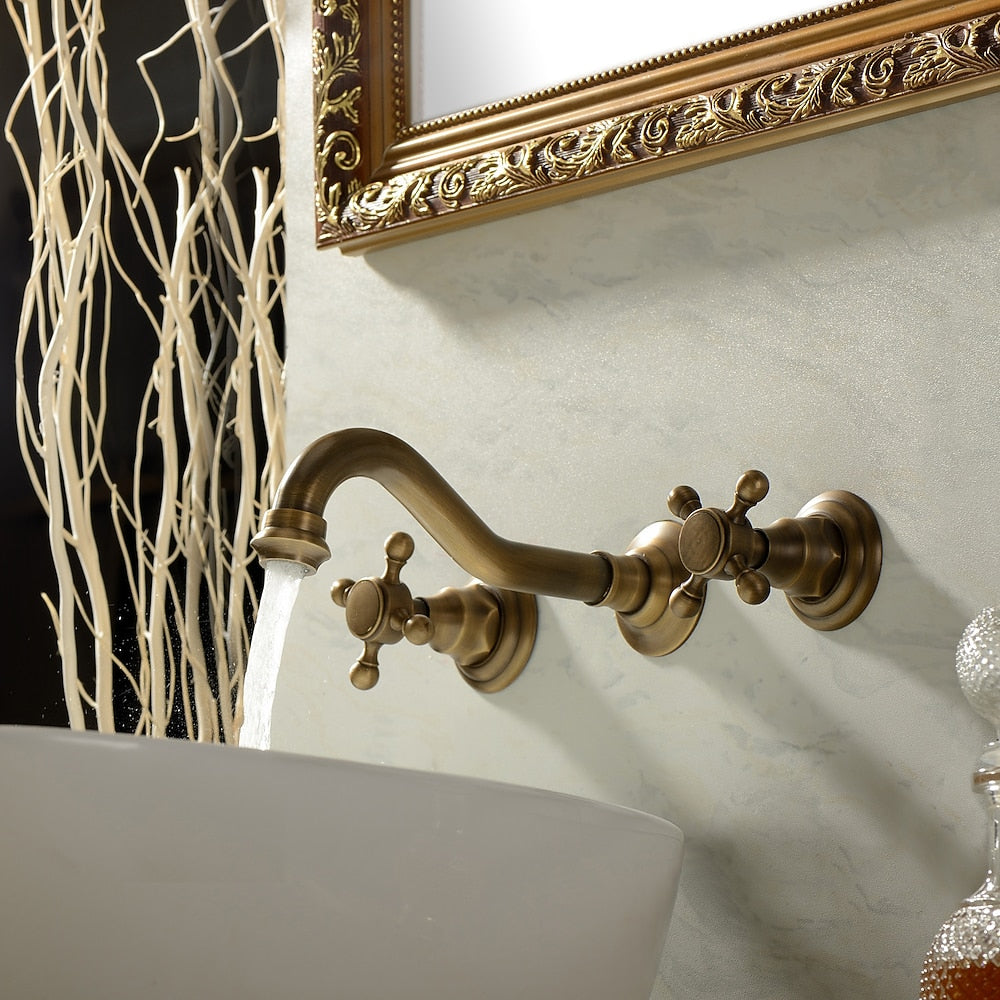 360-Degree Swivel Spout Wall-Mount Bathroom Faucet, Traditional Dual Cross Handle Brass Faucet, Antique Brass / Matte Black / Chrome / Matte White