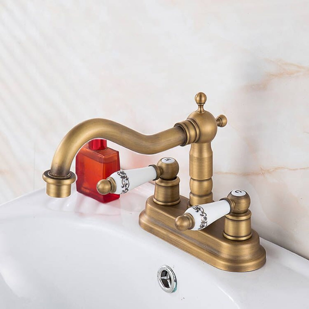 Antique Brass Swivel Spout Bathroom Faucet, Vintage Double-Handle Centerset Faucet