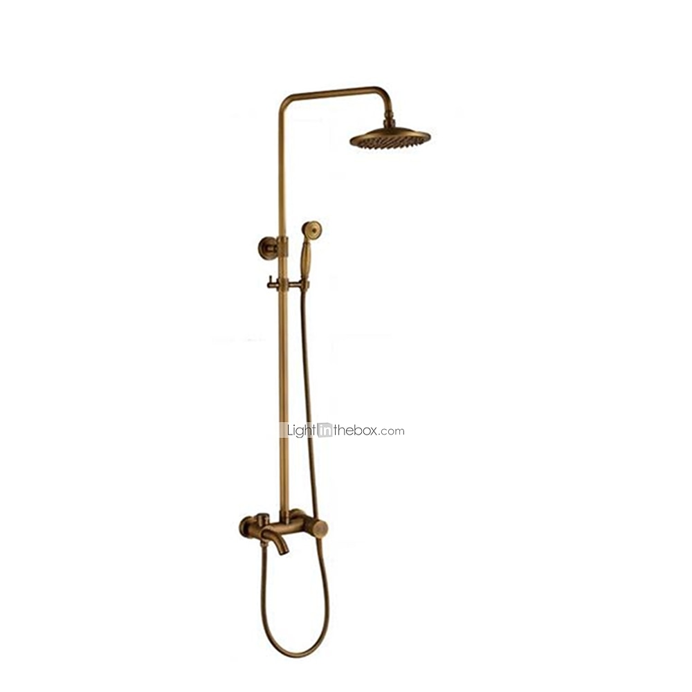Antique Brass Vintage Wall-Mount Tub Shower System, Retro Rainfall Shower Faucet Set with Handheld Sprayer