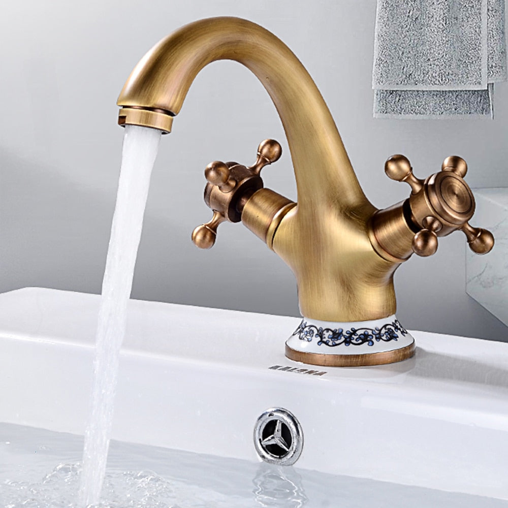 Vintage Single-Hole Bathroom Faucet, Dual Cross Handle Brass Faucet