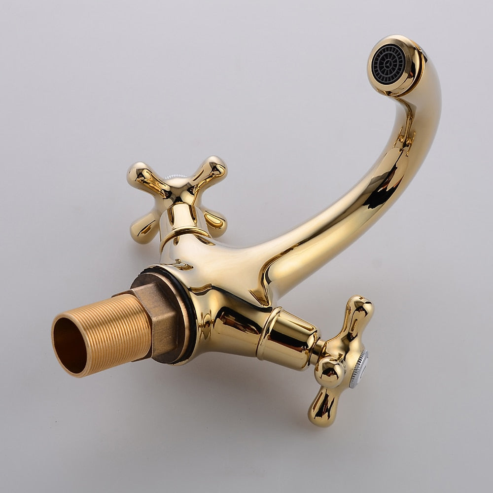 Polished Gold Traditional Single-Hole Bathroom Faucet, Dual Cross Handle High Arc Faucet
