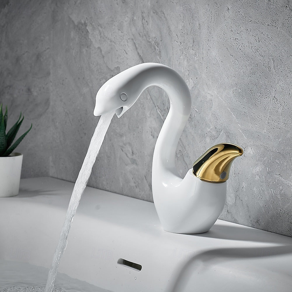 Swan-Shaped Modern Single-Hole Bathroom Faucet, Single-Handle Brass Basin Faucet