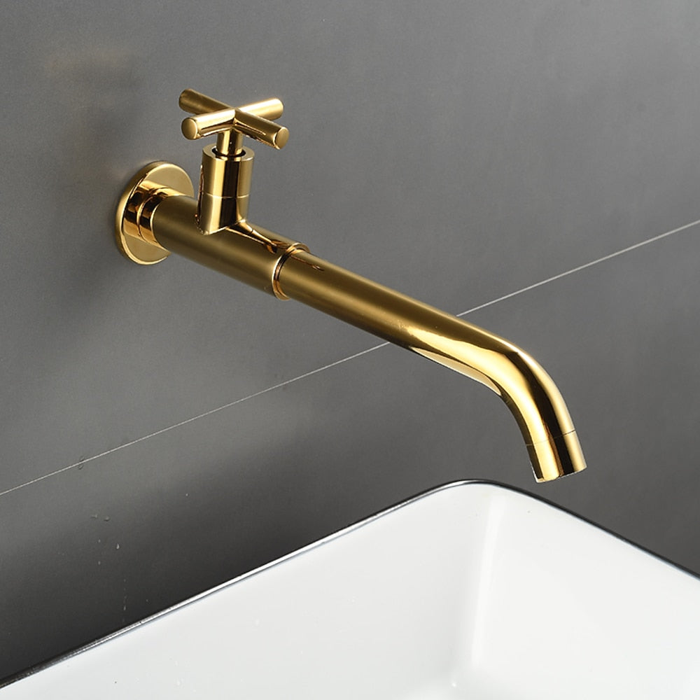 Wall-Mount Single-Hole Bathroom Faucet, Single Cross Handle Swivel Spout Faucet, Antique Brass / Matte Black / Chrome / Matte White / Polished Gold / Gunmetal