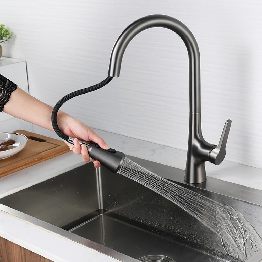 Modern Pull-Down Kitchen Faucet, Single-Handle High Arc Brass Faucet, Matte Black / Chrome / Brushed Nickel / Matte White / Gunmetal