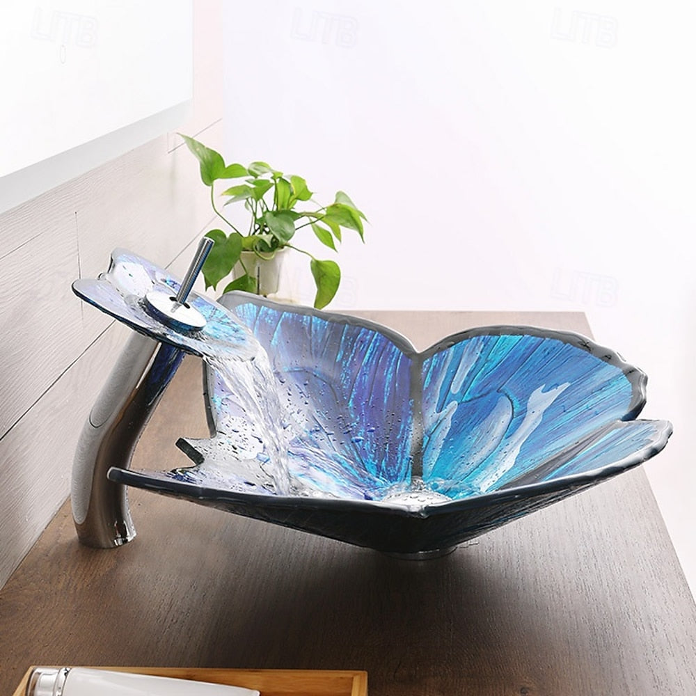 Butterfly Shape Tempered Glass Vessel Sink, Single-Handle Waterfall Faucet Combo with Pop-Up Drain, Multi