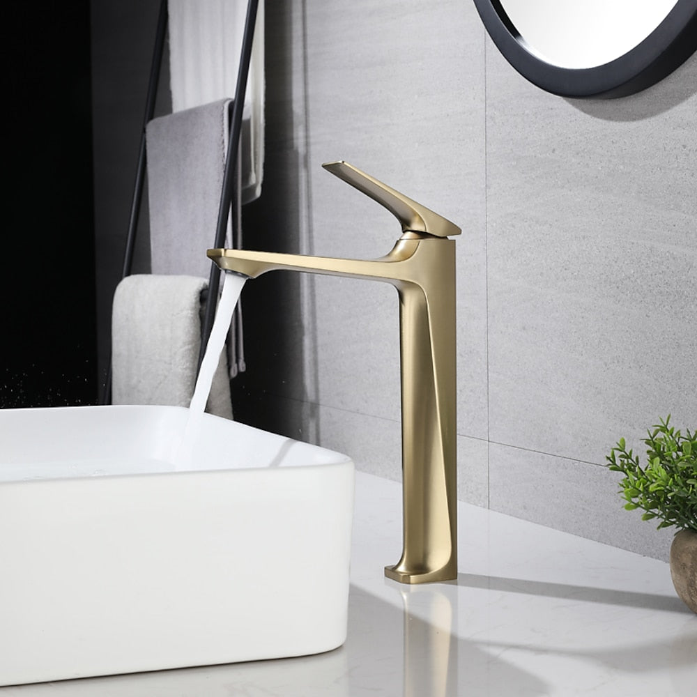 Modern Single-Hole Vessel Sink Faucet, Single-Handle Tall Bathroom Faucet, Brushed Gold / Matte Black / Chrome / Matte White / Gunmetal