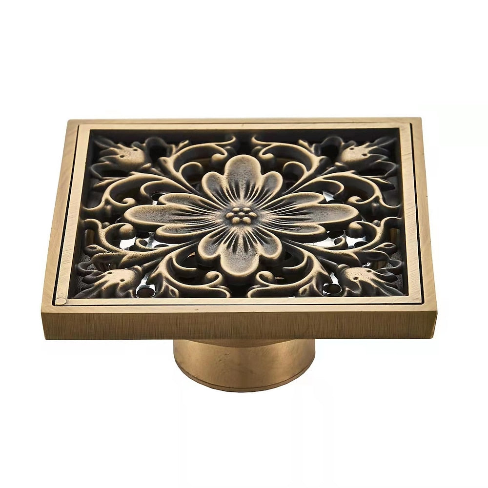 Antique Brass Vintage Square Floor Drain, Carved Flower Drain with Removable Cover