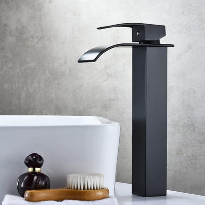 Waterfall Single-Hole Bathroom Faucet, Modern Single-Handle Vessel Sink Faucet, Matte Black / Polished Gold