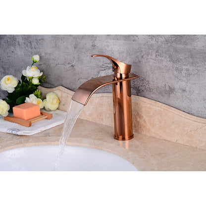 Rose Gold Modern Single-Hole Bathroom Faucet, Single-Handle Waterfall Spout Faucet with Pop-Up Drain