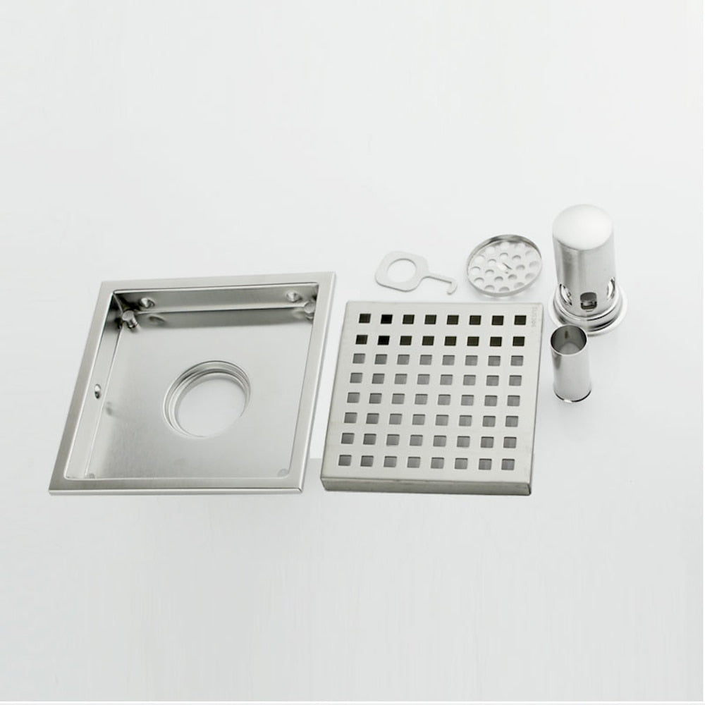 Stainless Steel Modern Square Shower Floor Drain, Floor-Mounted Drain with Removable Cover / Hair Catcher