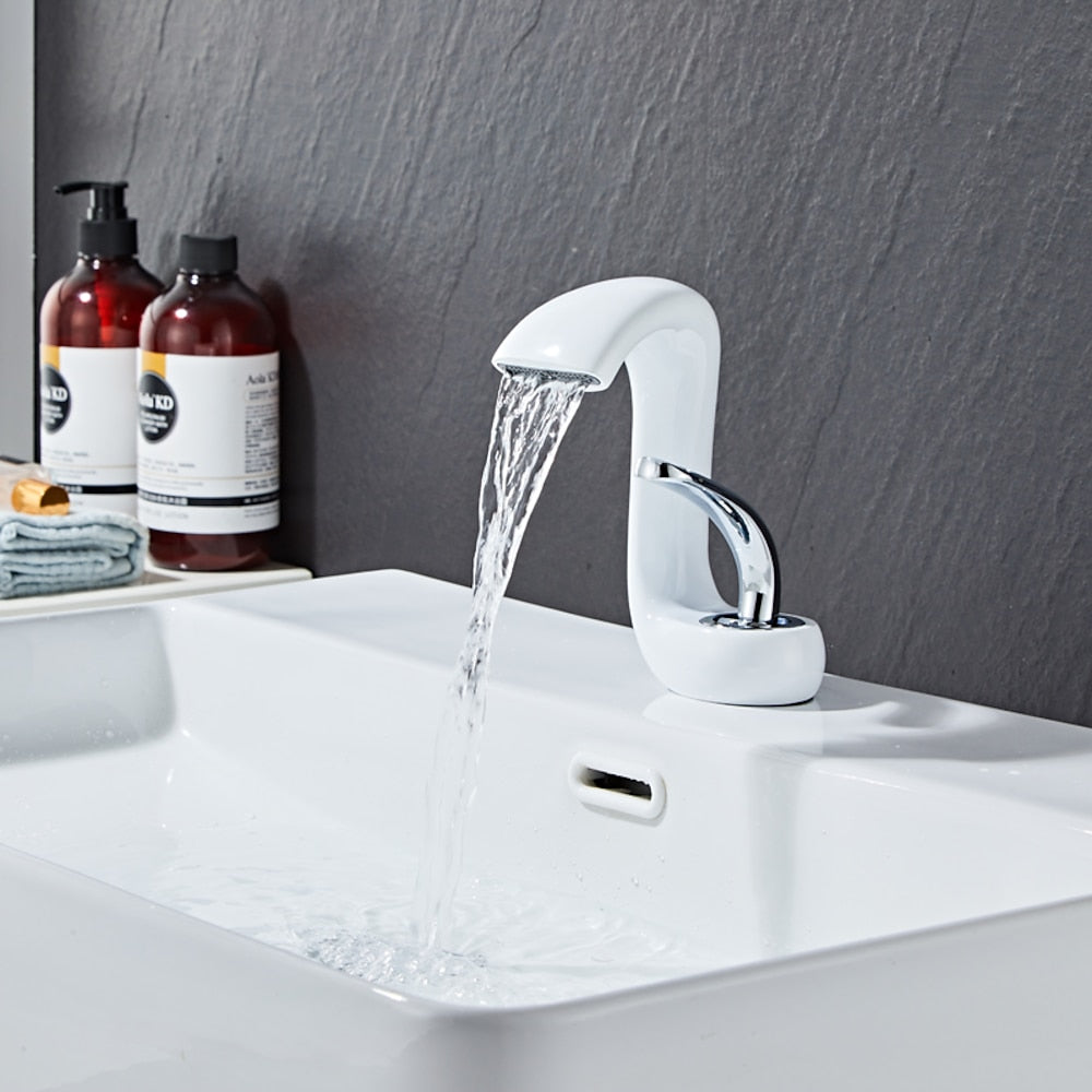 Modern Waterfall Single-Hole Bathroom Faucet, Single-Handle Brass Body Faucet, Matte Black / Brushed Nickel / Chrome / Matte White