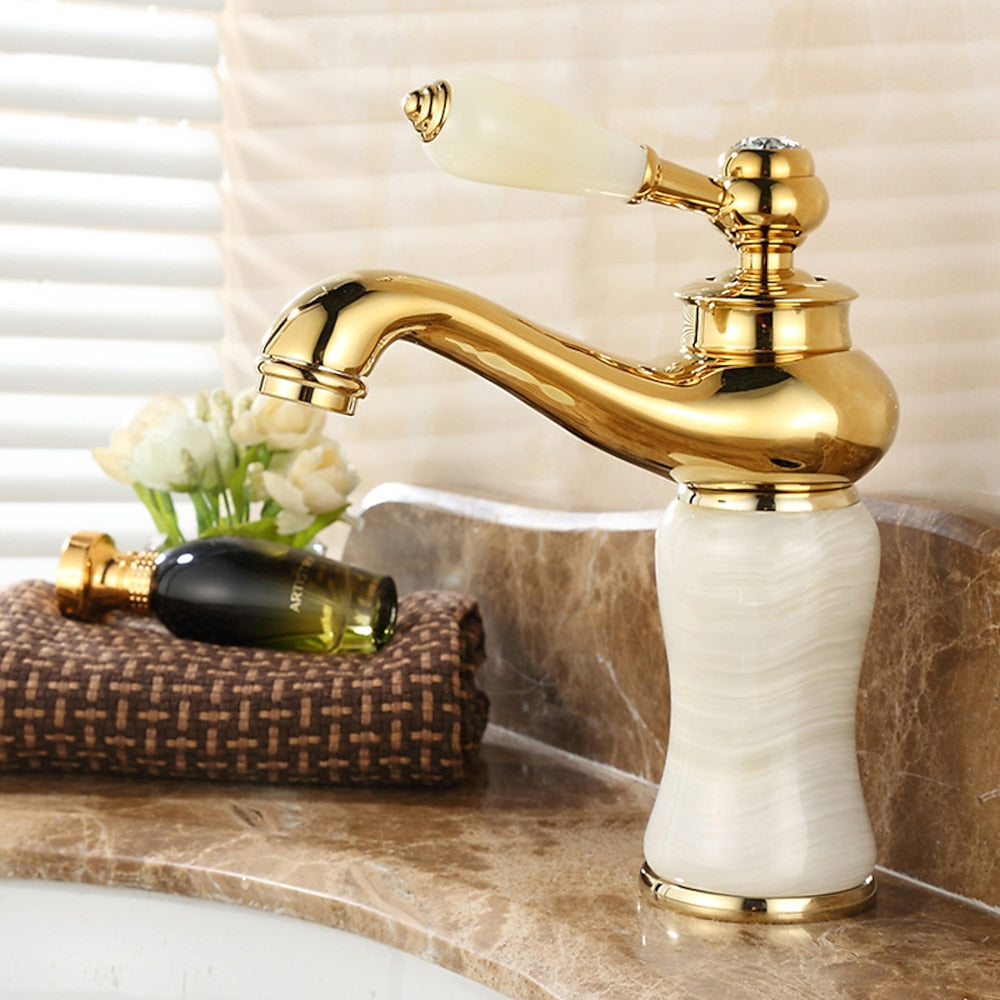 Jade Insert Bathroom Faucet, Modern Single-Hole Single-Handle Brass Faucet, Gold / White / Black
