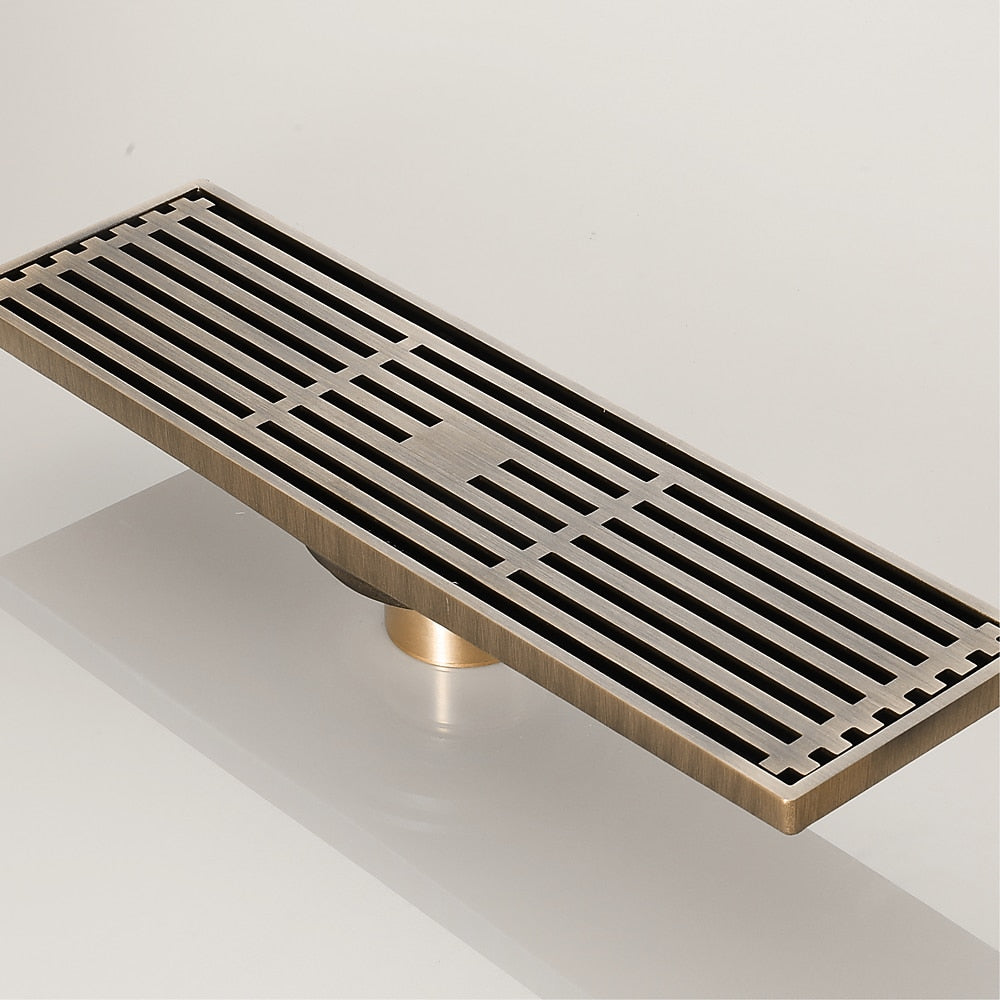 Brushed Bronze Brass Linear Shower Drain, Deodorizing Rectangular Floor Drain with Hair Strainer