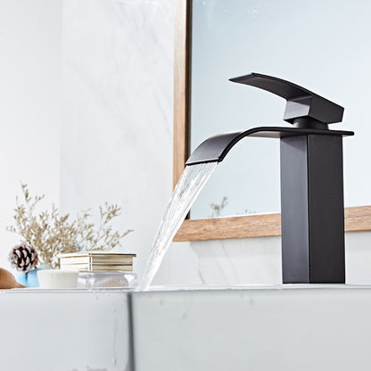 Waterfall Single-Hole Bathroom Faucet, Modern Single-Handle Vessel Sink Faucet, Matte Black / Polished Gold