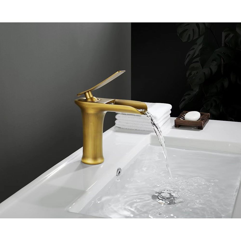 Waterfall Bathroom Sink Faucet, Single-Handle Brass Faucet