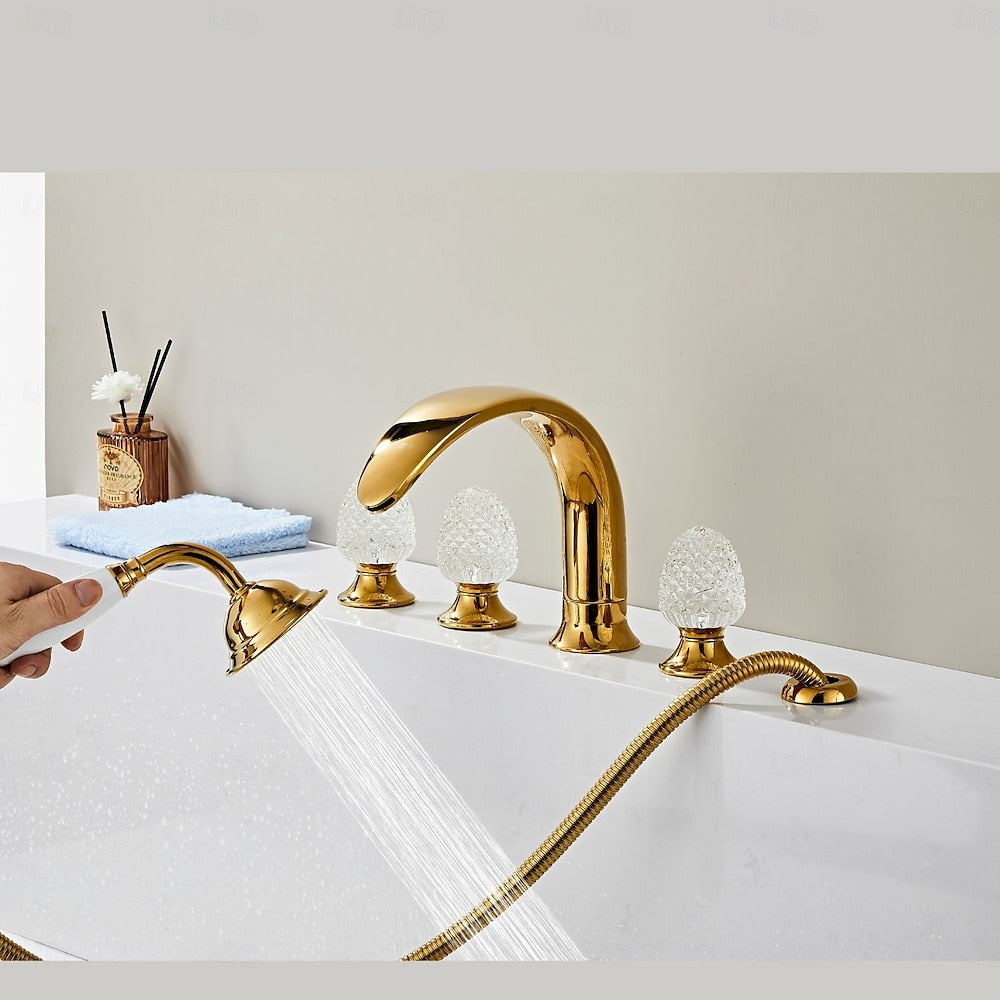 Polished Gold Vintage Deck-Mount Tub Filler Faucet, Roman Tub Faucet with Handheld Shower / Crystal Knob Handles