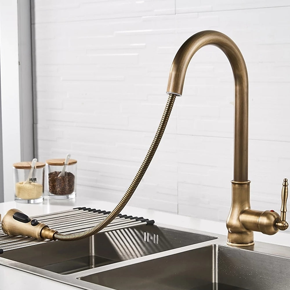 Antique Brass Retro Kitchen Faucet, Deck-Mount Single-Handle Pull-Out Faucet with Soap Dispenser / Pop-Up Drain