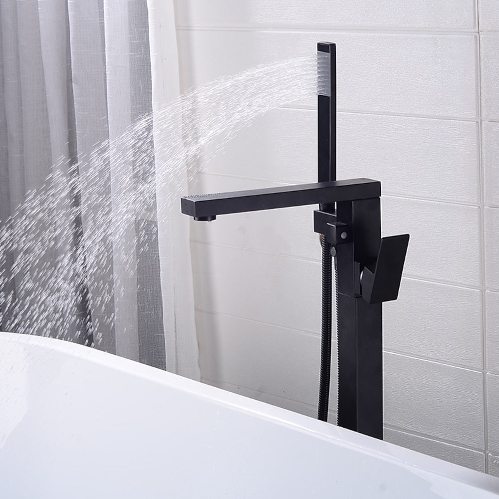 360-Degree Swivel Spout Freestanding Tub Filler Faucet, Single-Handle Floor-Mount Tub Faucet with Hand Shower, Chrome / Matte Black