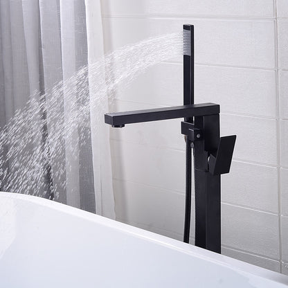 Modern Freestanding Floor-Mount Tub Filler Faucet, Single-Handle Brass Faucet with Handheld Shower, Matte Black / Chrome