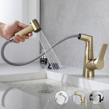 Pull-Out Single-Hole Bathroom Faucet, Single-Handle Brass Faucet, Brushed Gold / Chrome / Matte Black / Gunmetal