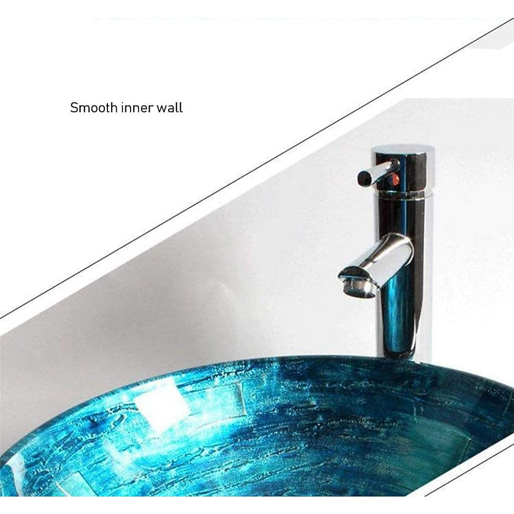 Contemporary Round Tempered Glass Vessel Bathroom Sink with Single-Handle Faucet, Vanity Basin Set with Pop-Up Drain, Silver / Gold / Bronze / Gray / Multi