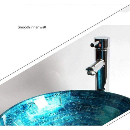 Contemporary Round Tempered Glass Vessel Bathroom Sink with Single-Handle Faucet, Vanity Basin Set with Pop-Up Drain, Silver / Gold / Bronze / Gray / Multi