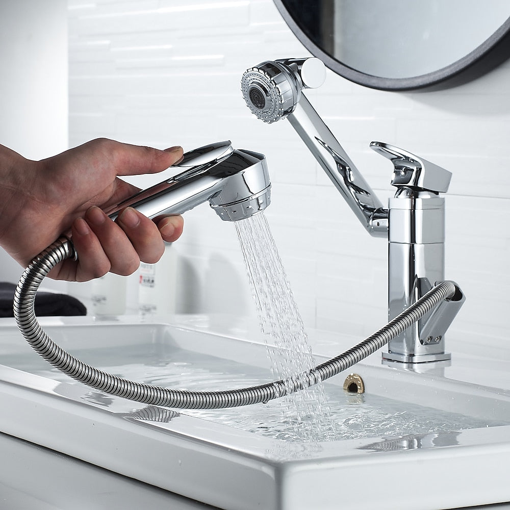 Chrome Single-Hole Bathroom Sink Faucet, Pull-Out Swivel Spout Faucet