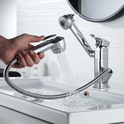 Chrome Single-Hole Bathroom Sink Faucet, Pull-Out Swivel Spout Faucet