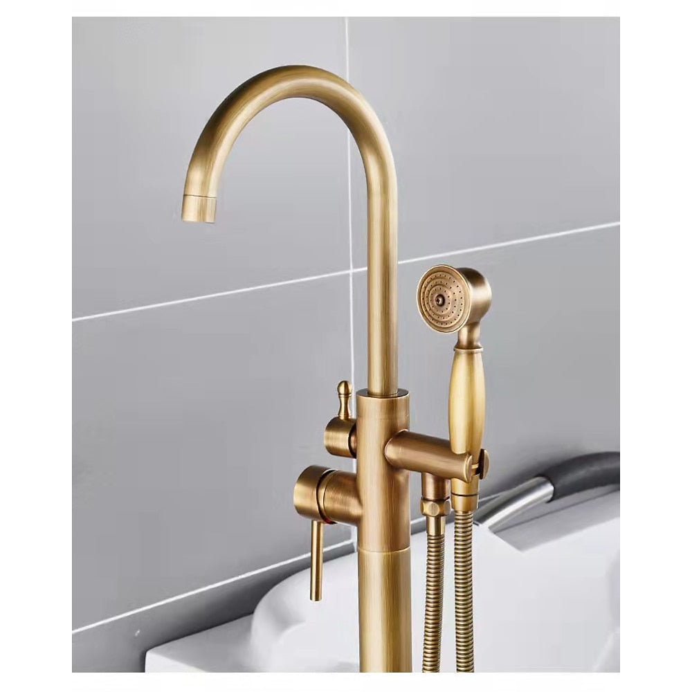 Floor-Mount Freestanding Tub Filler Faucet, Single-Handle High Arc Swivel Spout Faucet with Handheld Shower, Antique Brass / Matte Black