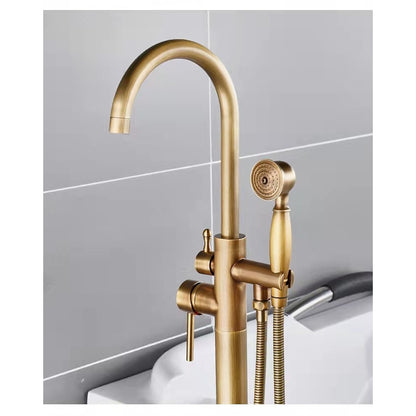Floor-Mount Freestanding Tub Filler Faucet, Single-Handle High Arc Swivel Spout Faucet with Handheld Shower, Antique Brass / Matte Black
