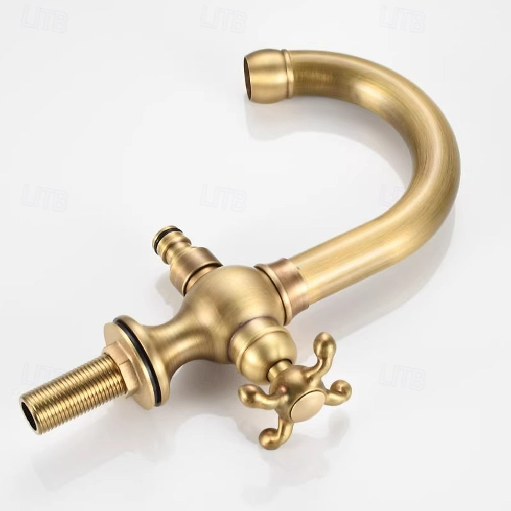 Swivel Spout Single-Hole Bathroom Faucet, Vintage Brass Faucet with Cross Handle