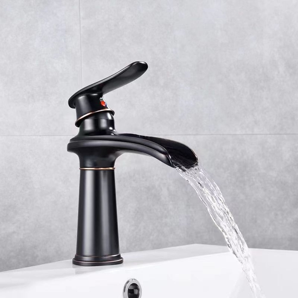 Waterfall Single-Hole Bathroom Faucet, Single-Handle Brass Faucet, Chrome / Matte Black / Brushed Nickel / Antique Brass / PVD
