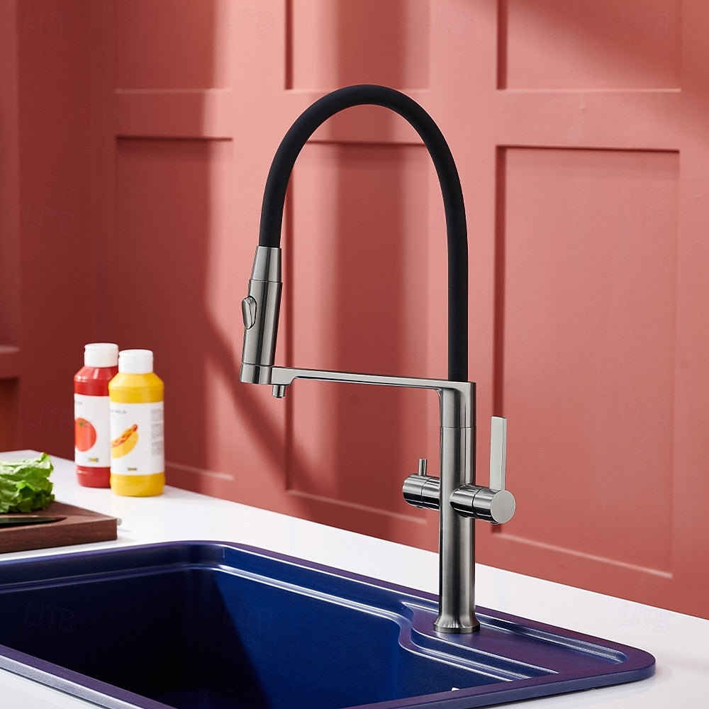 3-in-1 Pull-Down Kitchen Faucet with Drinking Water Spout, Dual-Handle Brass Kitchen Sink Faucet, Chrome / Brushed Gold / Gunmetal