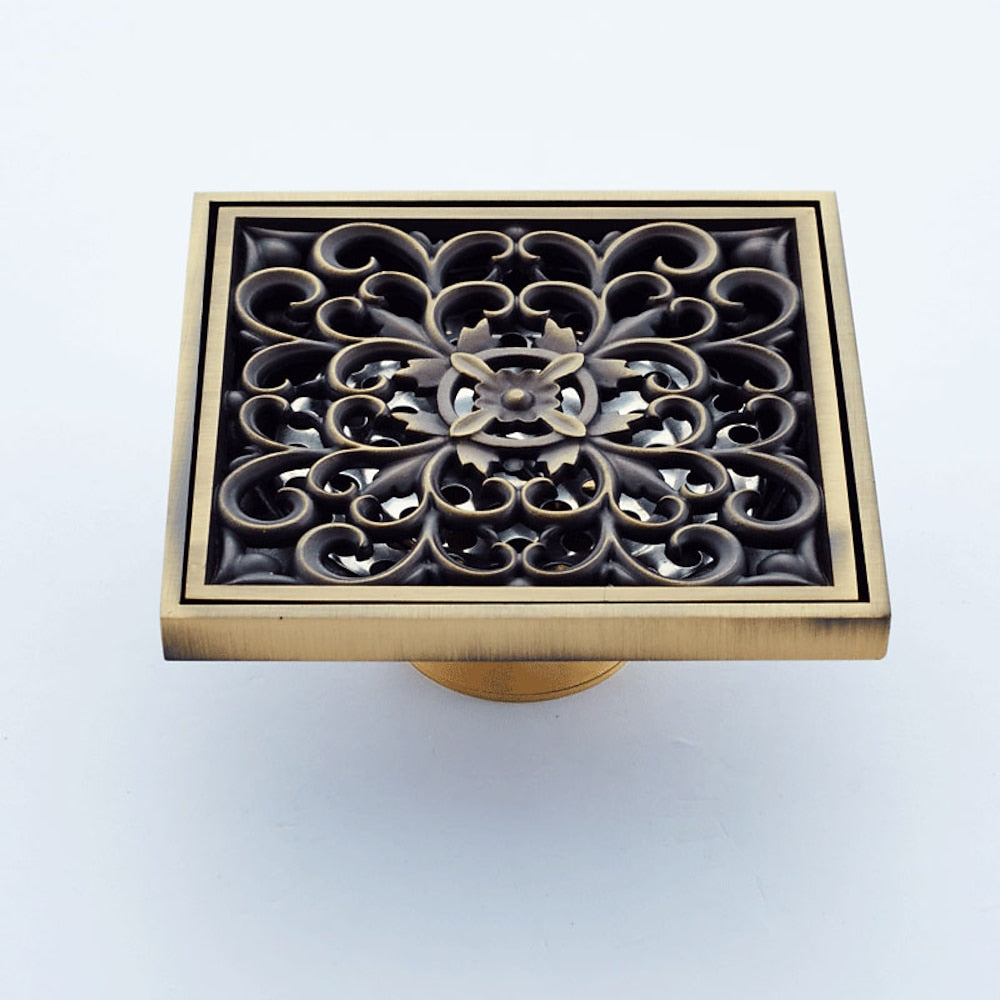 Antique Brass Square Floor Drain, Solid Brass Shower Drain with Carved Grate
