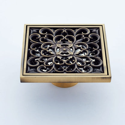 Antique Brass Square Floor Drain, Solid Brass Shower Drain with Carved Grate