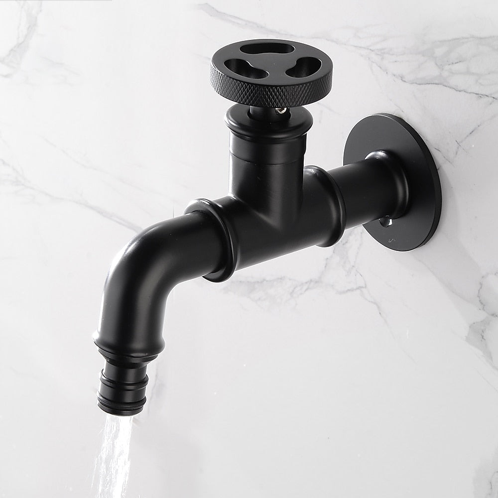 Industrial Single-Cold Wall-Mount Faucet, Single-Handle Brass Utility Faucet with Wheel Handle, Matte Black / Polished Gold