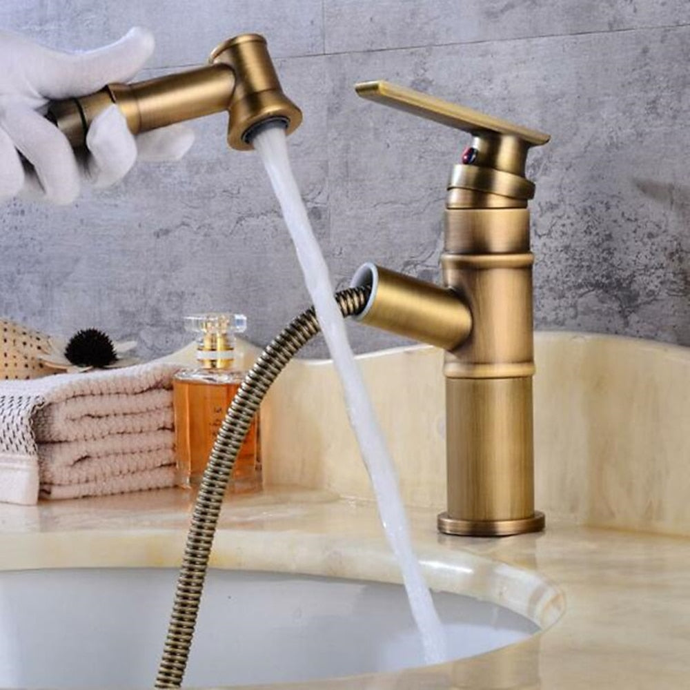 Traditional Single-Hole Bathroom Faucet, Single-Handle Pull-Out Faucet, Oil-Rubbed Bronze / Antique Brass