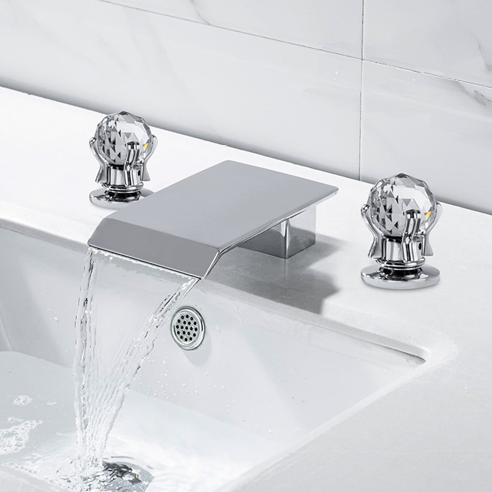 Waterfall Bathroom Sink Faucet, Modern 3-Hole Widespread Faucet with Crystal Knob Handles, Matte Black / Chrome