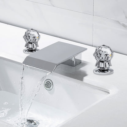 Waterfall Bathroom Sink Faucet, Modern 3-Hole Widespread Faucet with Crystal Knob Handles, Matte Black / Chrome