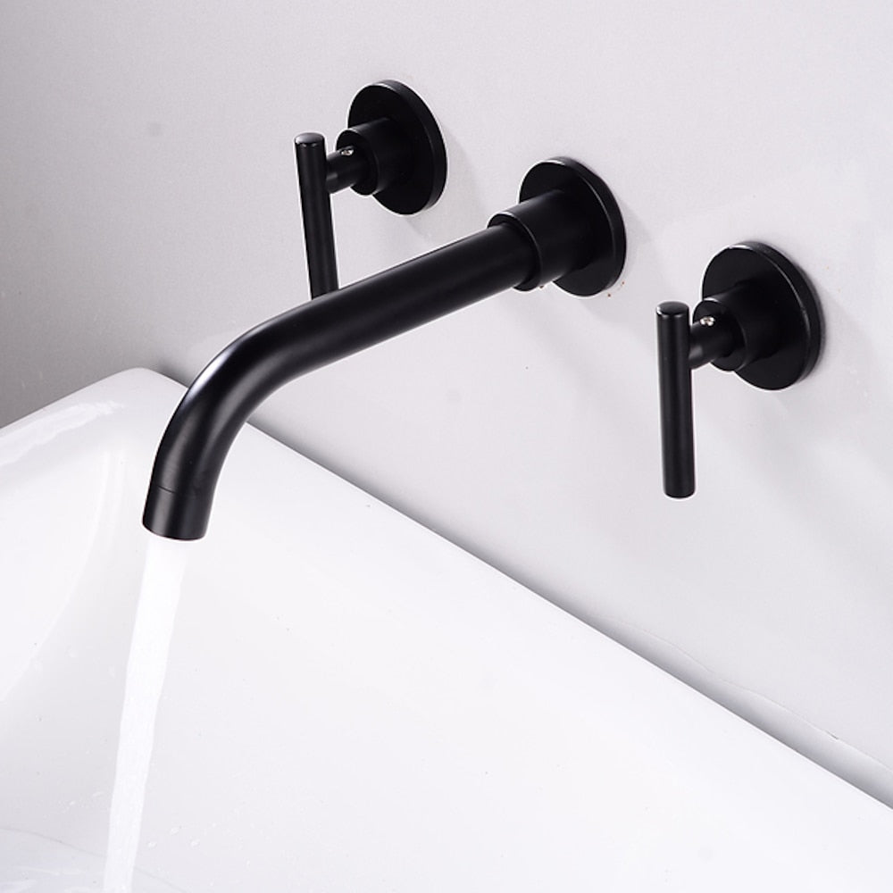 Modern Minimalist Wall-Mount Dual-Handle Bathroom Faucet, Long Spout Brass Sink Faucet, Matte Black / Chrome