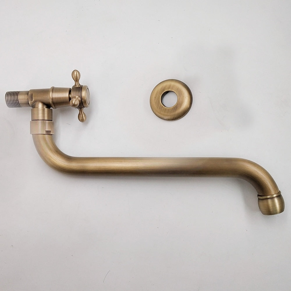 Antique Brass Vintage Wall-Mount Faucet, Single-Cold Single-Handle Faucet with Rotatable High-Arc Spout