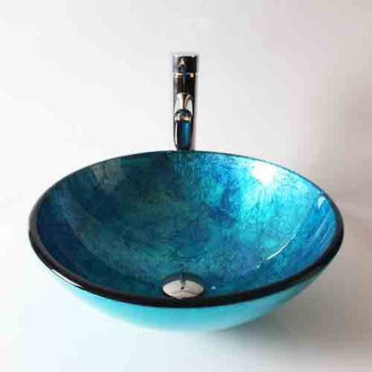 Contemporary Round Tempered Glass Vessel Bathroom Sink with Single-Handle Faucet, Vanity Basin Set with Pop-Up Drain, Silver / Gold / Bronze / Gray / Multi